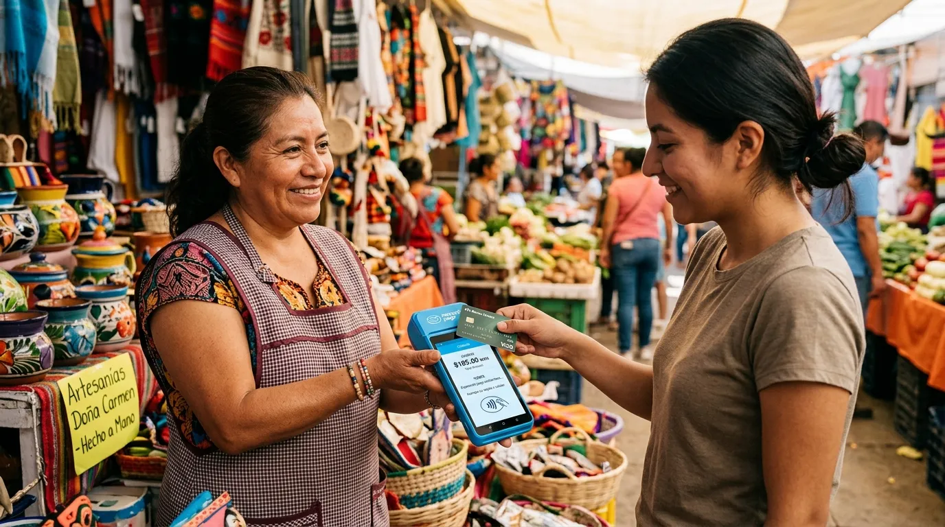 Persona comerciante utilizando una terminal Point de Mercado Pago para cobrar con tarjeta en un puesto de venta en México.