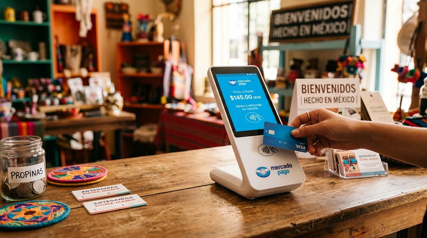 Terminal Point de Mercado Pago en un mostrador lista para cobrar con tarjeta en un negocio en México