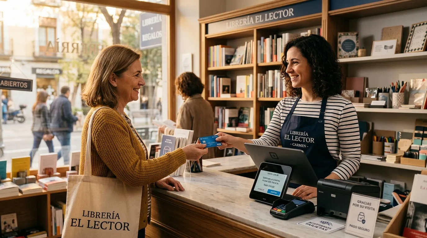 Cliente realizando pago con tarjeta en un establecimiento comercial en México ante una persona trabajadora del negocio.