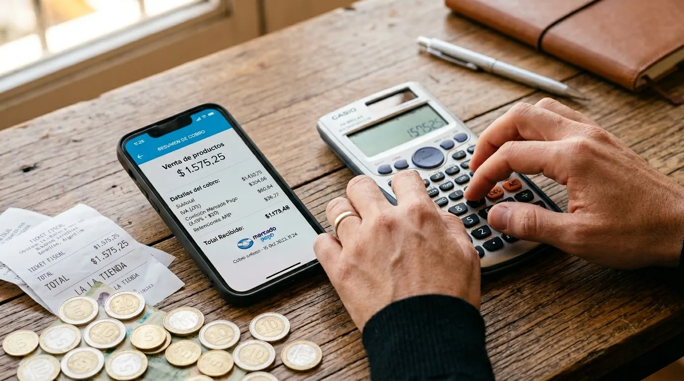 Persona que calcula comisiones del sistema de cobro con tarjeta en la app de Mercado Pago. 