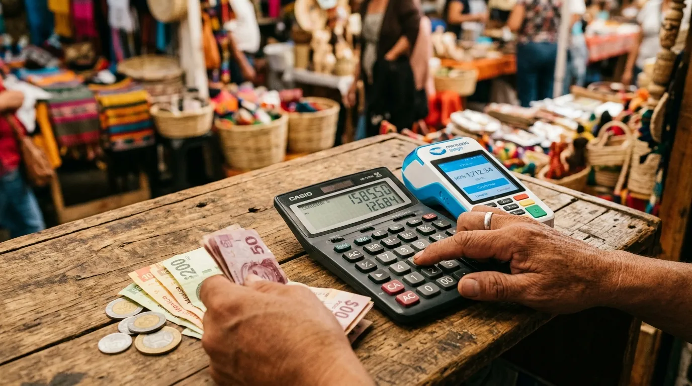 Manos de una persona con billetes y monedas sobre un mostrador haciendo cálculos en una calculadora con un posnet a un lado