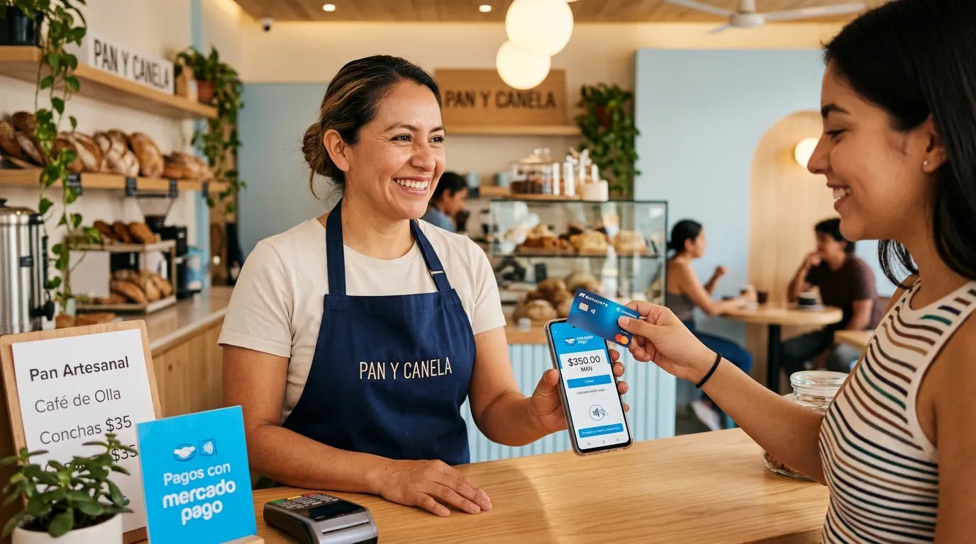 Comerciante de una panadería cobrando a cliente con tarjeta con su celular con la app de Mercado Pago en mostrador