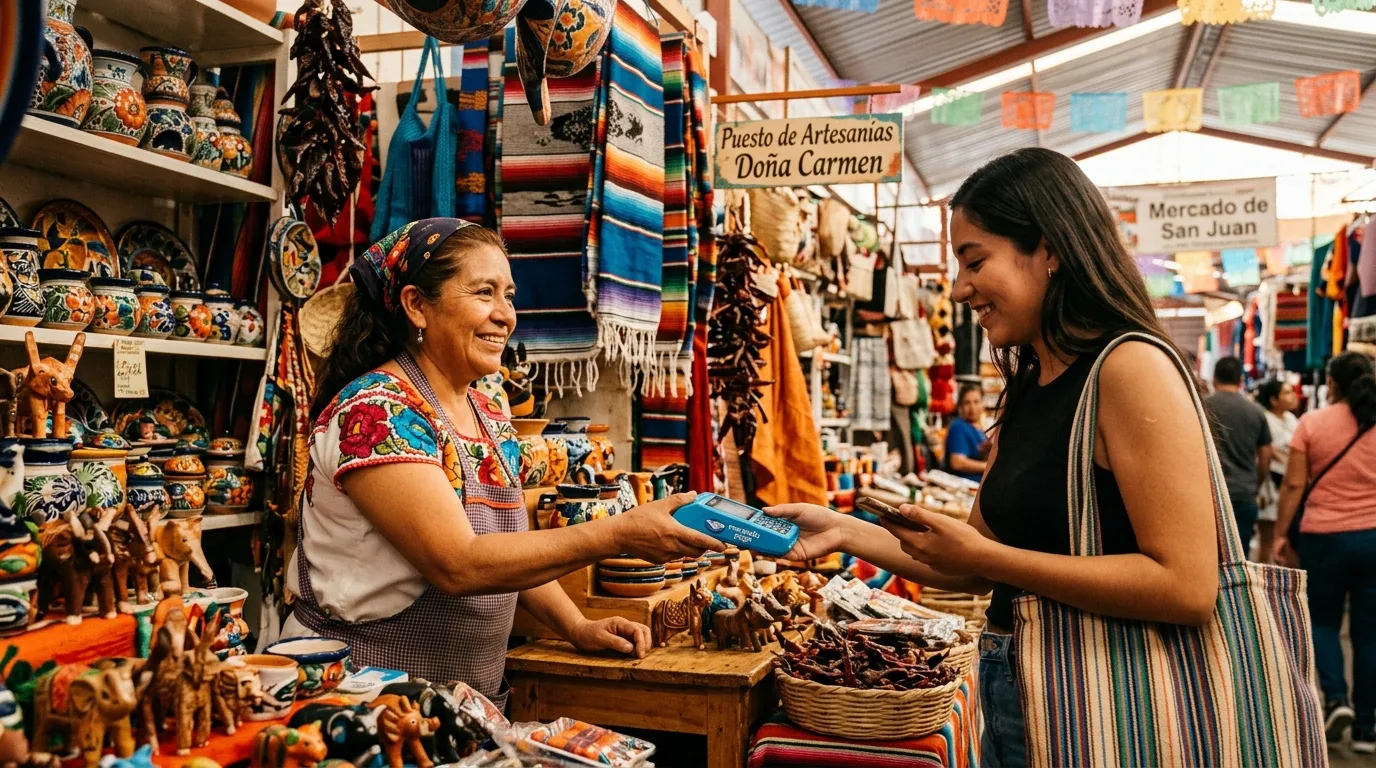 Persona comerciante utilizando una terminal como punto de venta para procesar un pago con tarjeta en un comercio mexicano