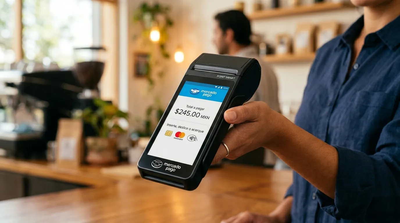 Terminal de cobro con tarjeta que muestra el monto en pantalla
