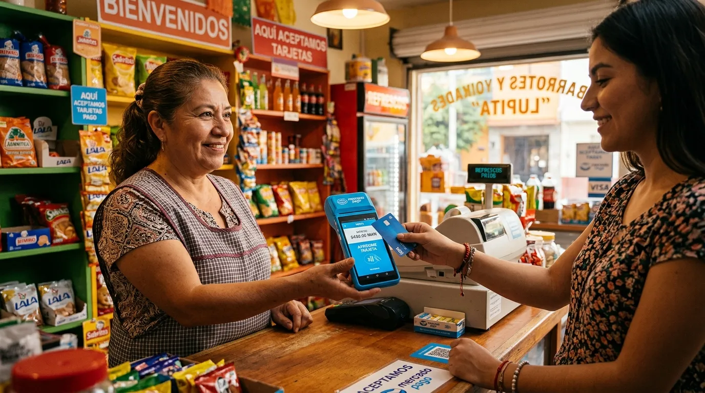 Proceso de cobro con tarjeta en un negocio mexicano, con terminal punto de venta y cliente que paga con tarjeta.