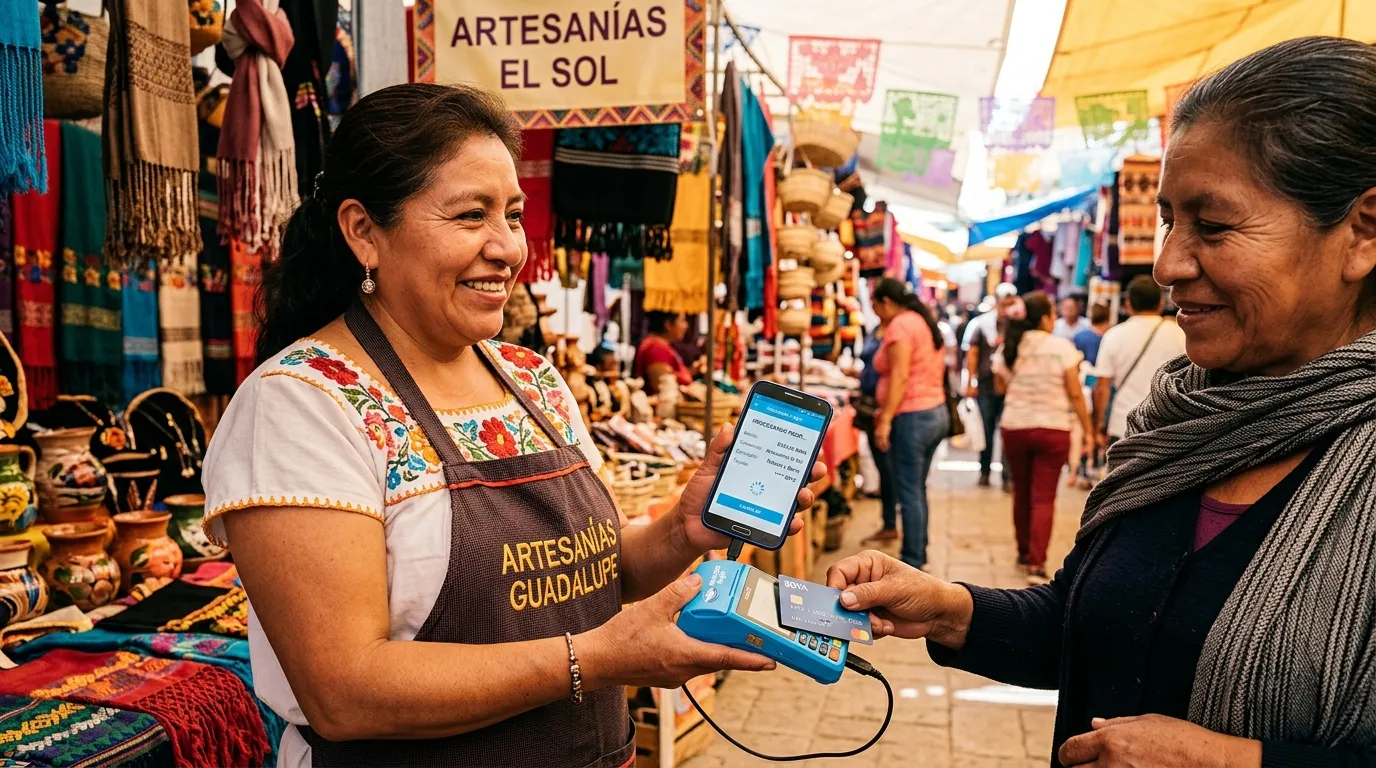 Persona emprendedora en México usa la app de Mercado Pago para cobrar con tarjeta desde su celular en un tianguis.
