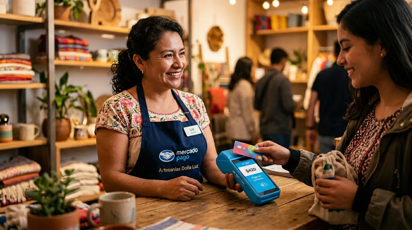 Mujer que usa una máquina para cobrar con tarjeta
