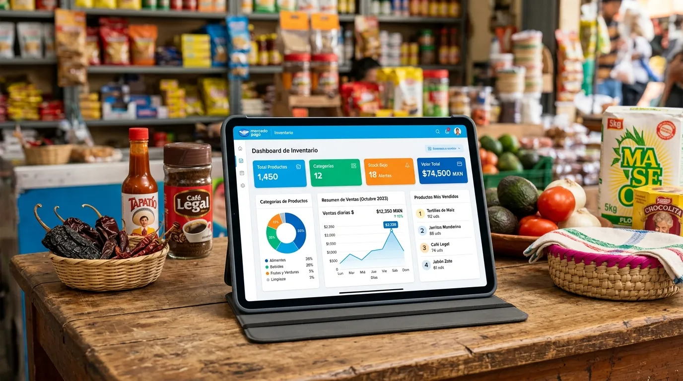 Tableta con un sistema de punto de venta que analiza el inventario del negocio