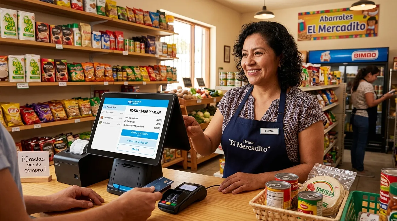 Mujer que utiliza un sistema de punto de venta en un negocio mexicano