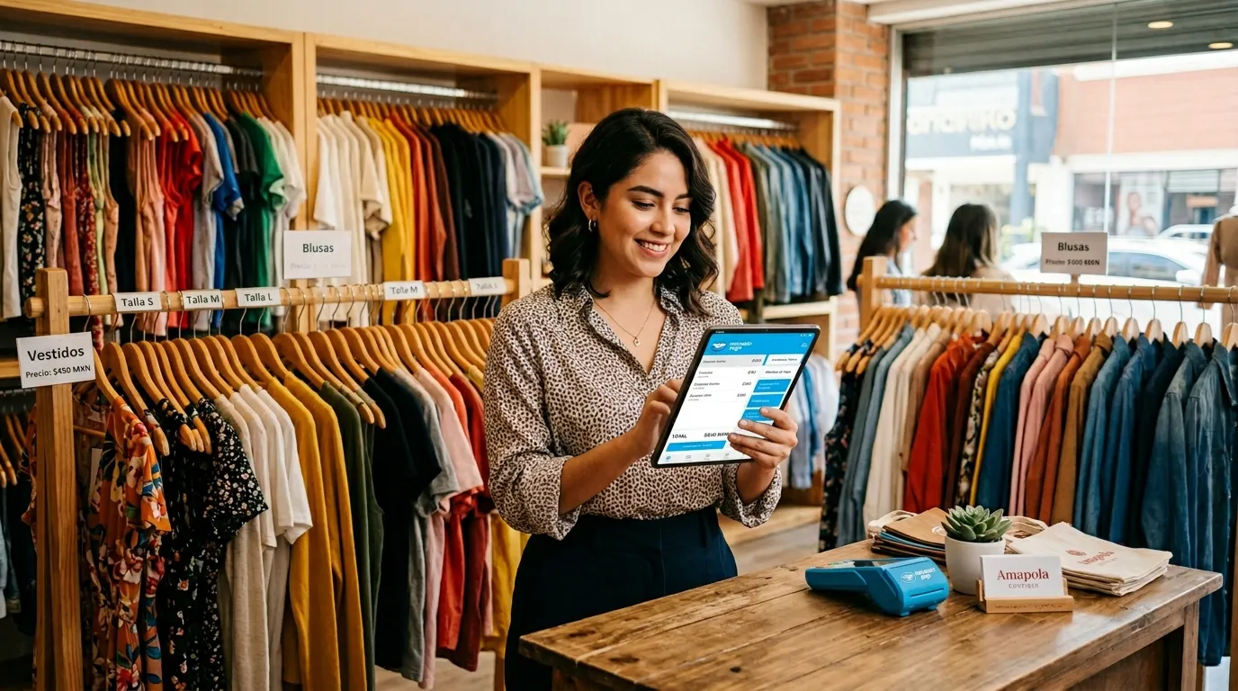 Mujer que gestiona el inventario con sistema de punto de venta para ropa en su tablet