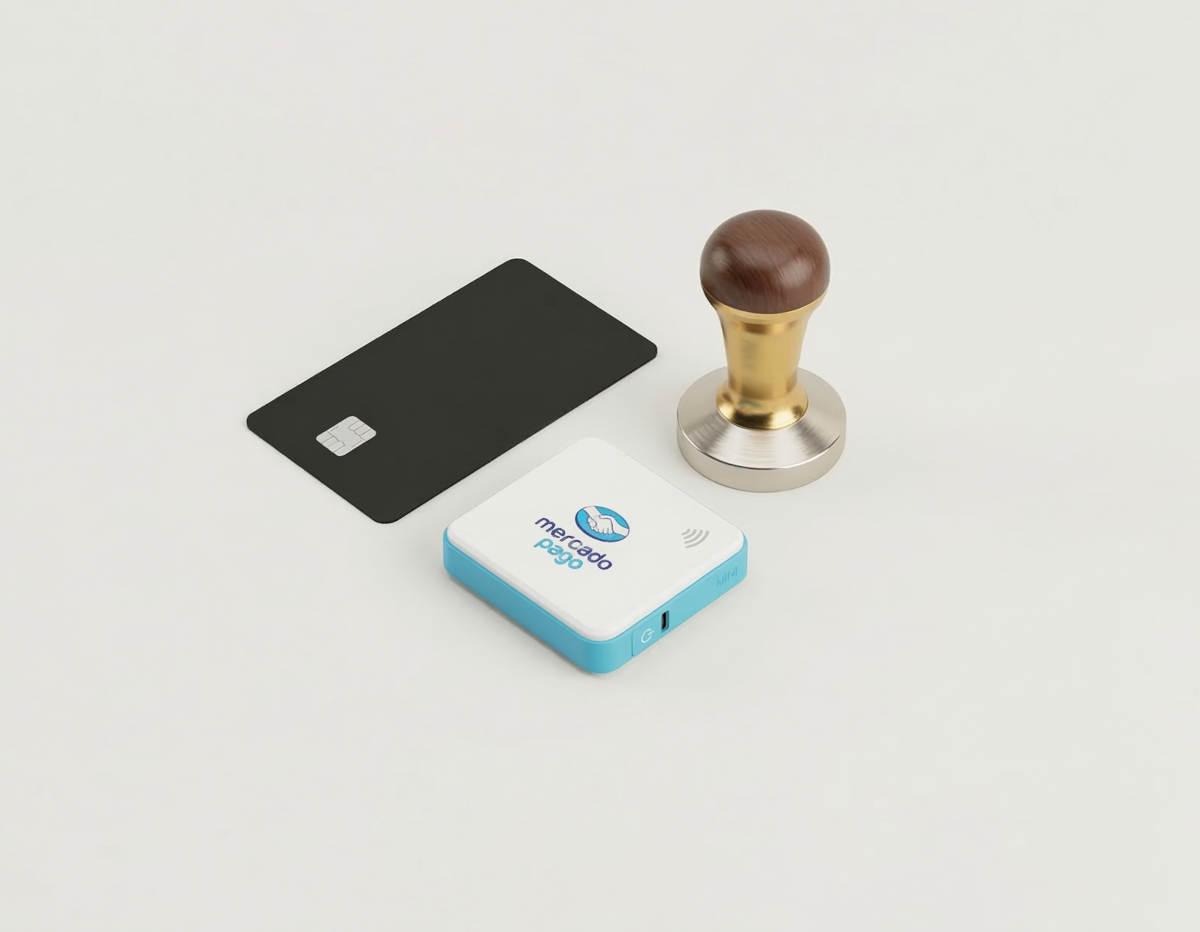 Terminal Mercado Pago Point Mini junto a una tarjeta y un sello, lista para configurar en México.