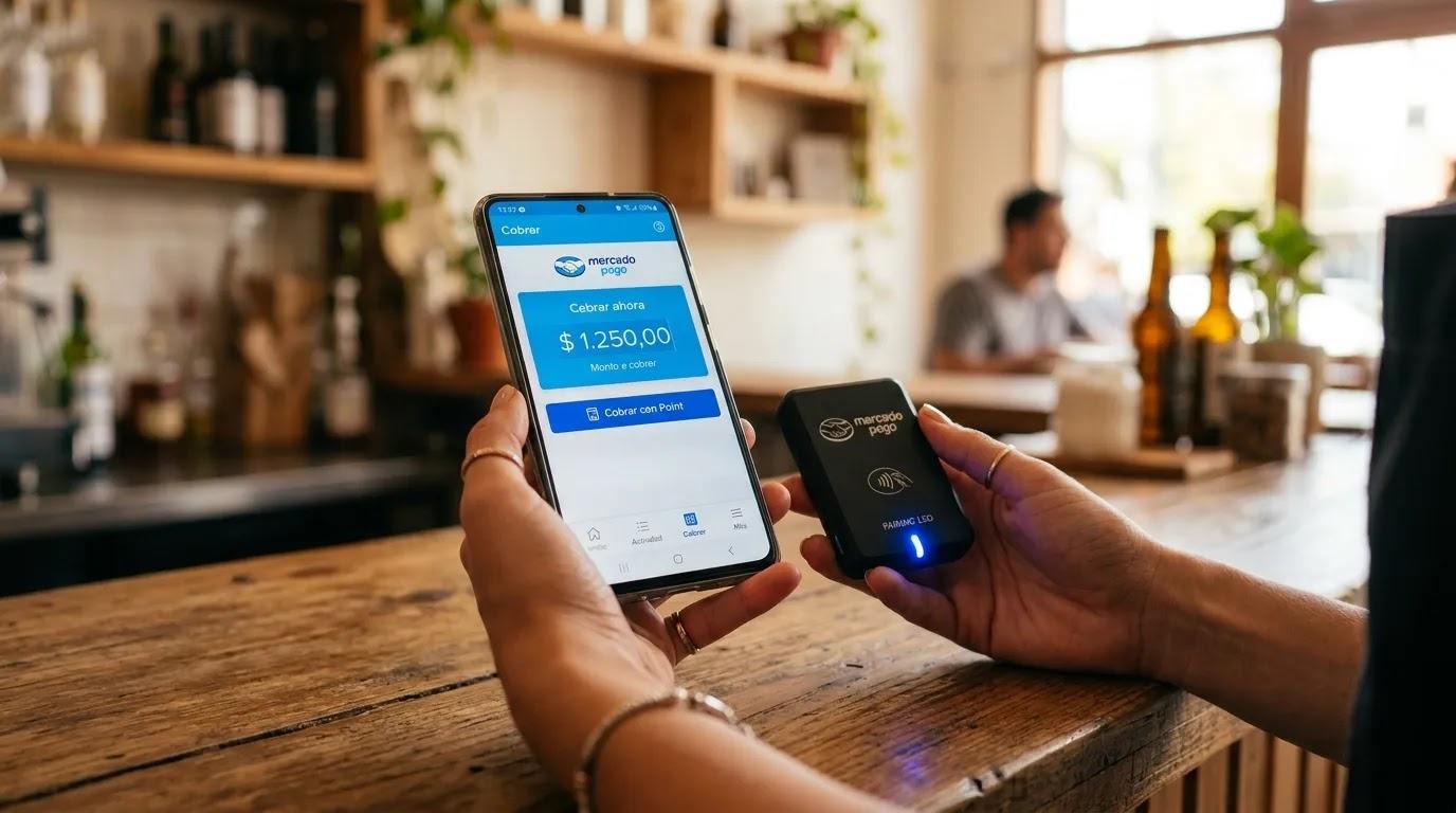 Pantalla de celular conectando una terminal Point Mini mediante Bluetooth desde la app de Mercado Pago.