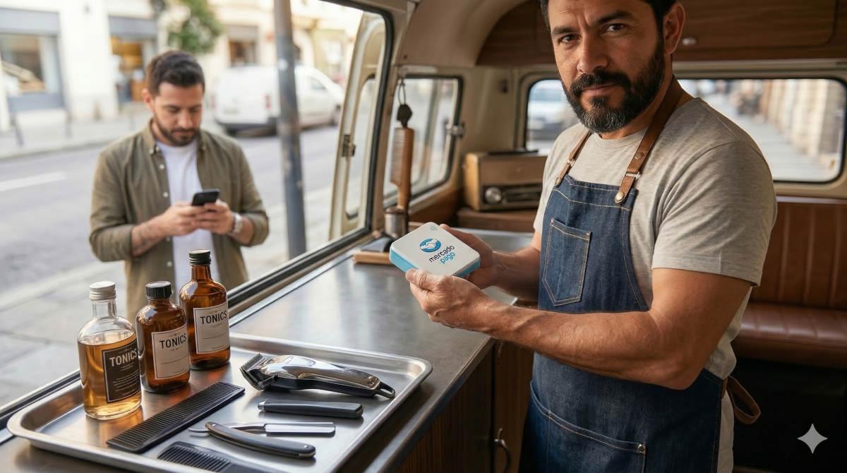 Persona utilizando una terminal Point Mini conectada al celular para cobrar con tarjeta en un negocio en México.