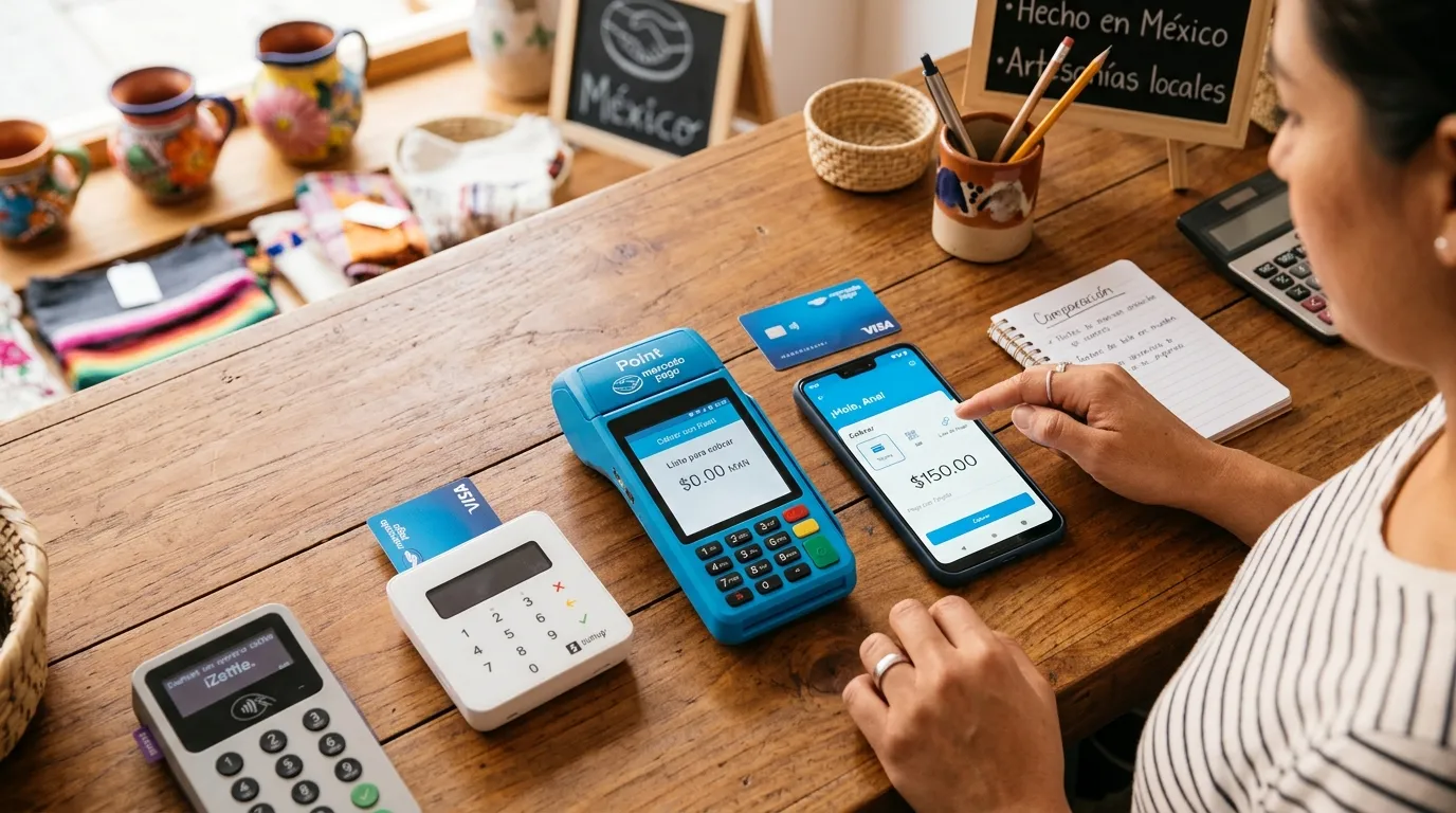 Mujer que compara el mejor sistema de cobro con tarjeta.
