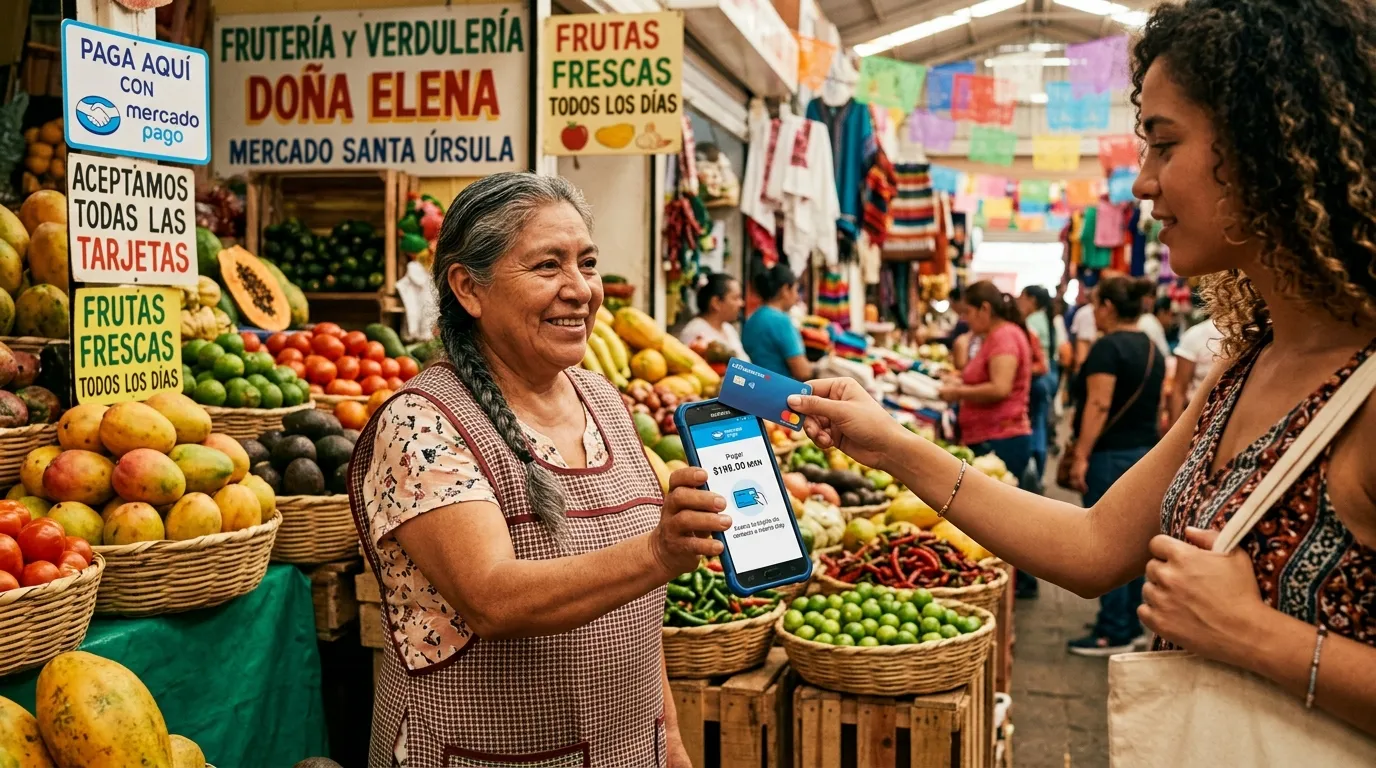 Comerciante de frutas en un mercado cobrando con tarjeta a cliente con la app de Mercado Pago.