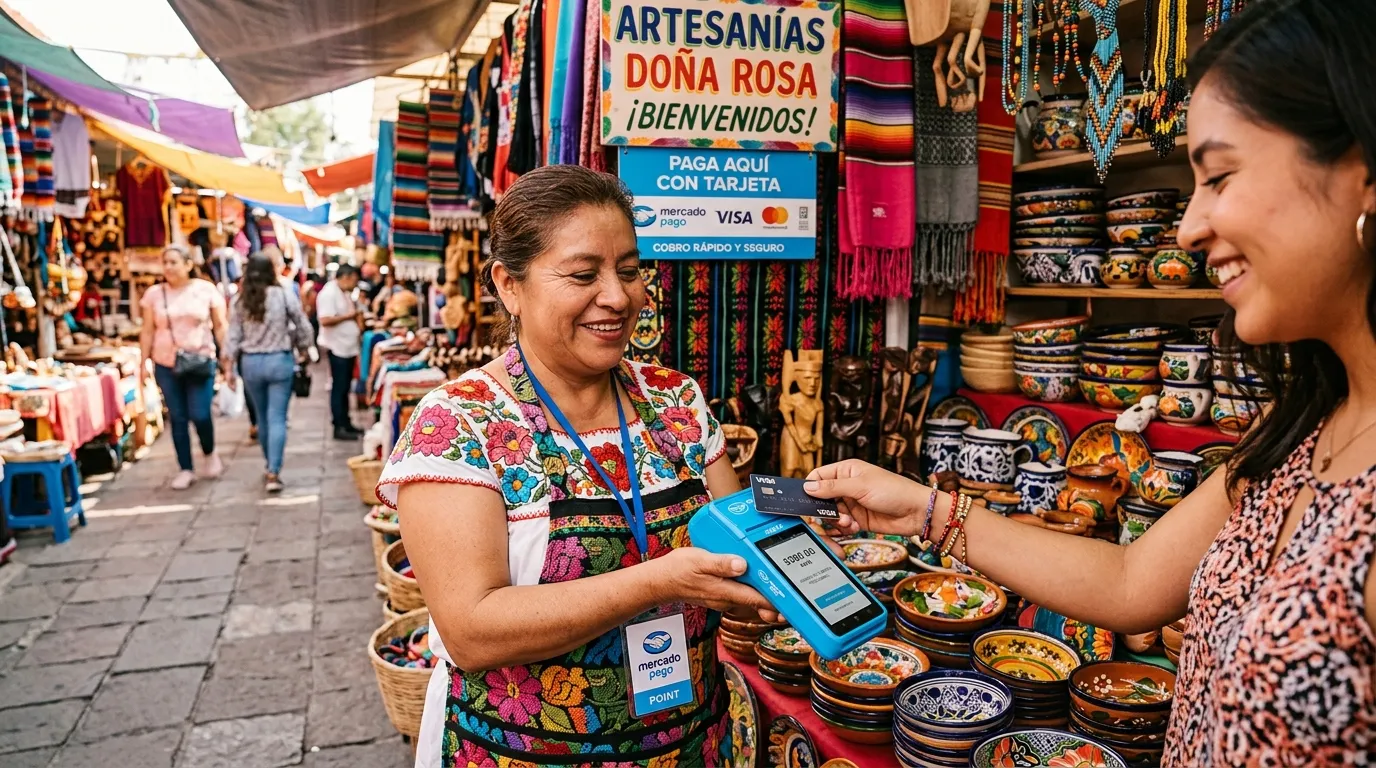 Mujer que usa un sistema de cobro con tarjeta de Mercado Pago.