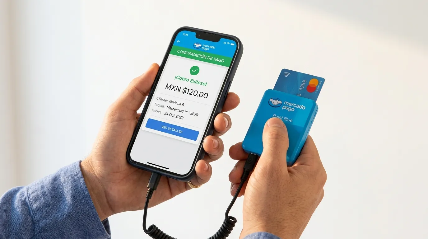 Pantalla de celular muestra cobro exitoso en app de Mercado Pago conectada a un lector de tarjetas portátil de Mercado Pago