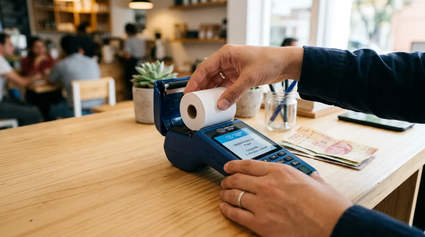 Persona que prepara una terminal de punto de venta para cobrar con tarjeta