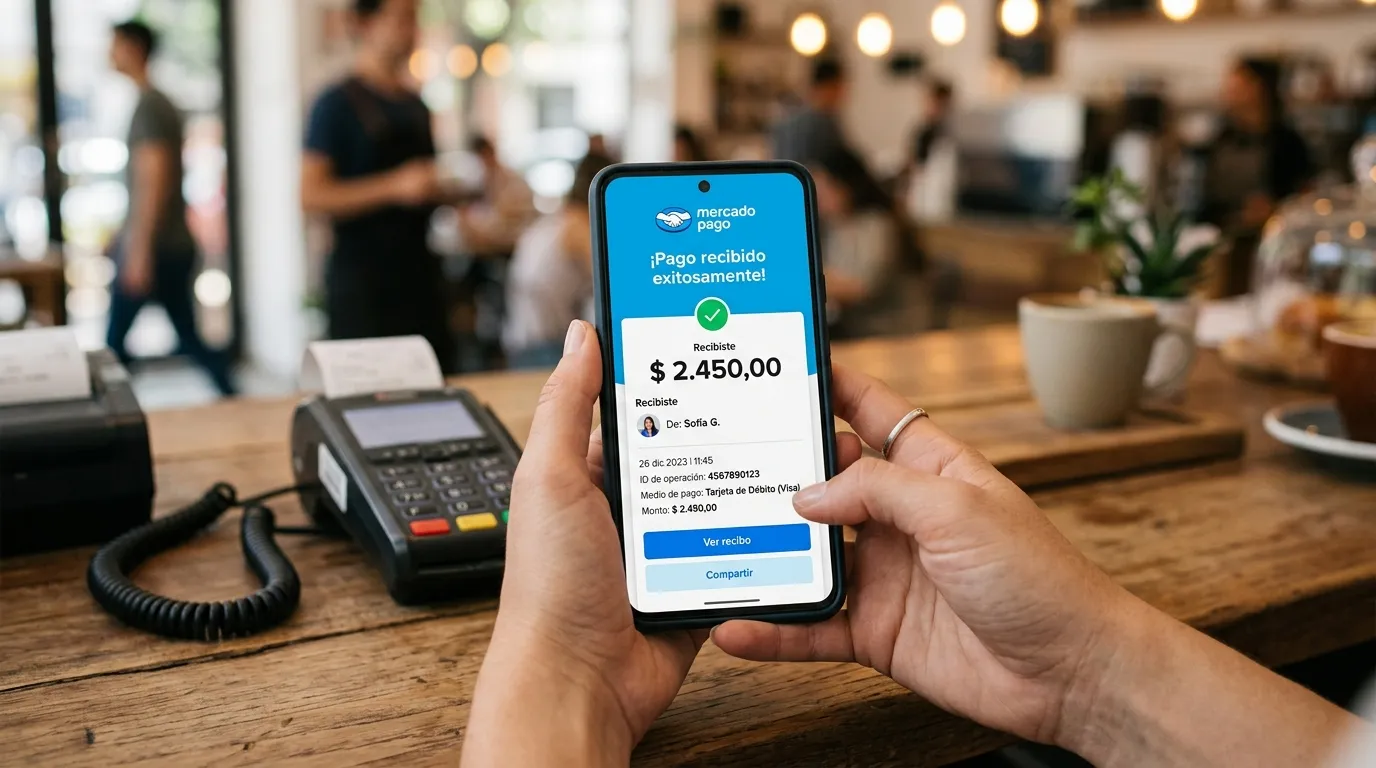 Notificación de cobro con tarjeta aprobado en la app de Mercado Pago en un celular, en México.