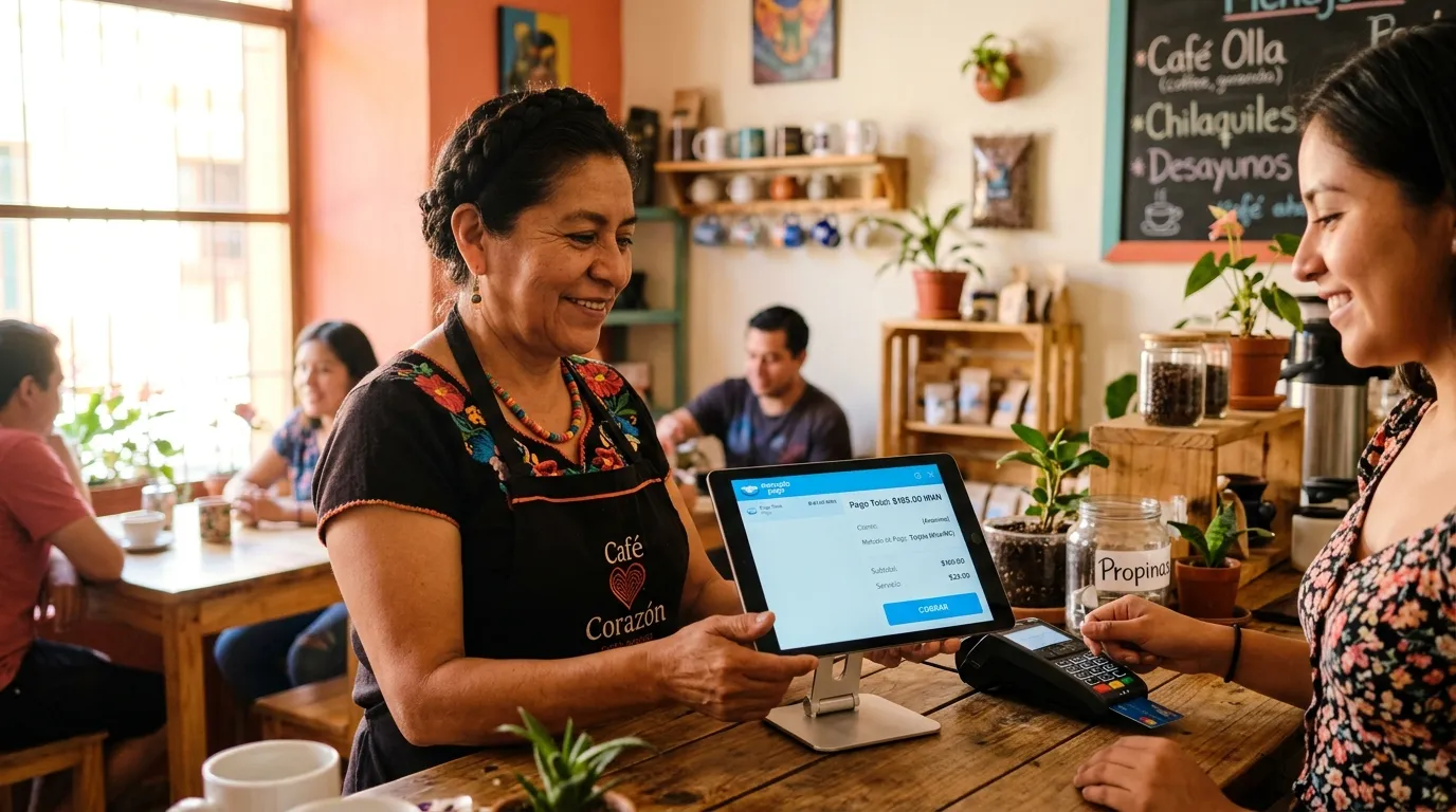 Comerciante usa un sistema de punto de venta en tablet sobre mostrador