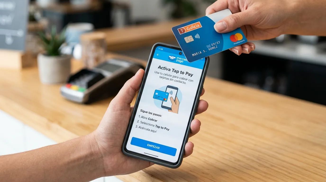 Pantalla de celular muestra la opción de Activar Tap to Pay en Mercado Pago para cobrar con tarjeta.