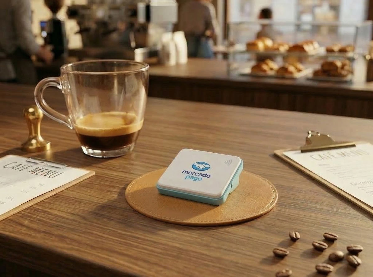 Terminal Point Mini de Mercado Pago en una cafetería.