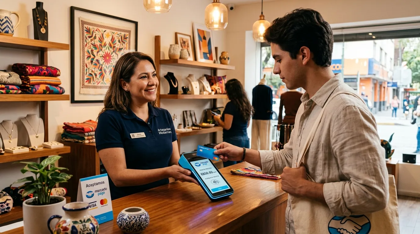 Persona que procesa pago con terminal punto de venta en un negocio en México