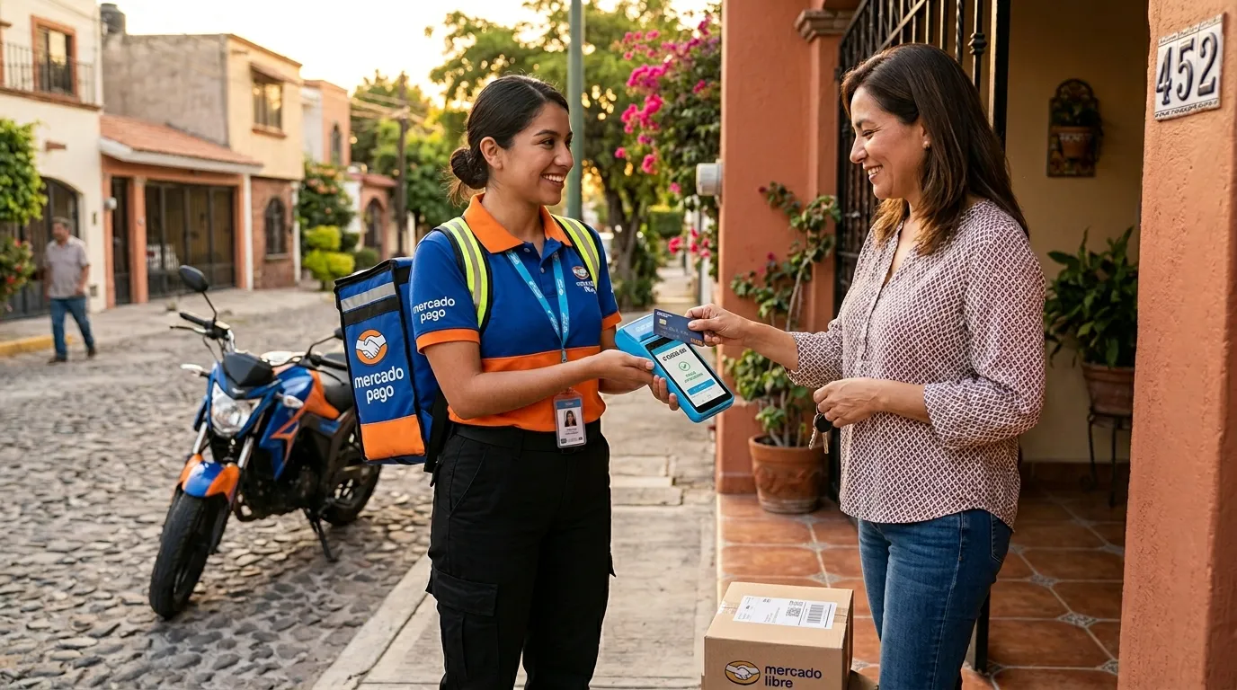 Persona repartidora en México usando una terminal portátil inalámbrica para cobrar con tarjeta durante una entrega a domicilio.