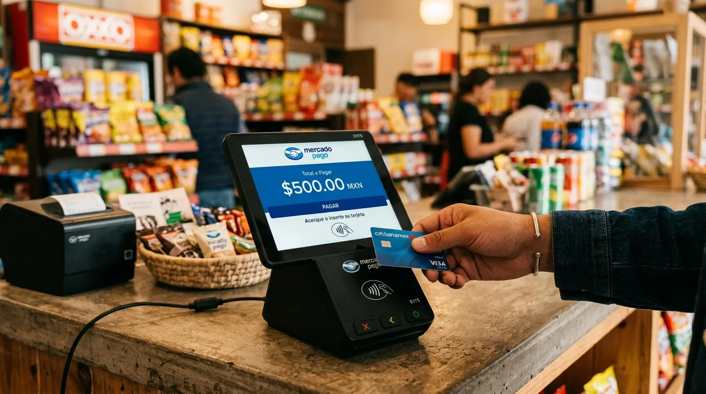  Persona pagando con tarjeta en una terminal punto de venta en un comercio en México.