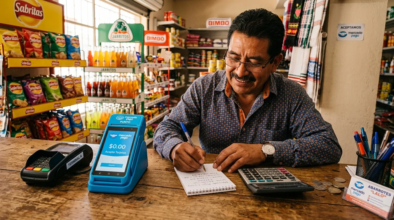 Comerciante tomando notas sobre un mostrador con la calculadora a un lado y un posnet al otro.