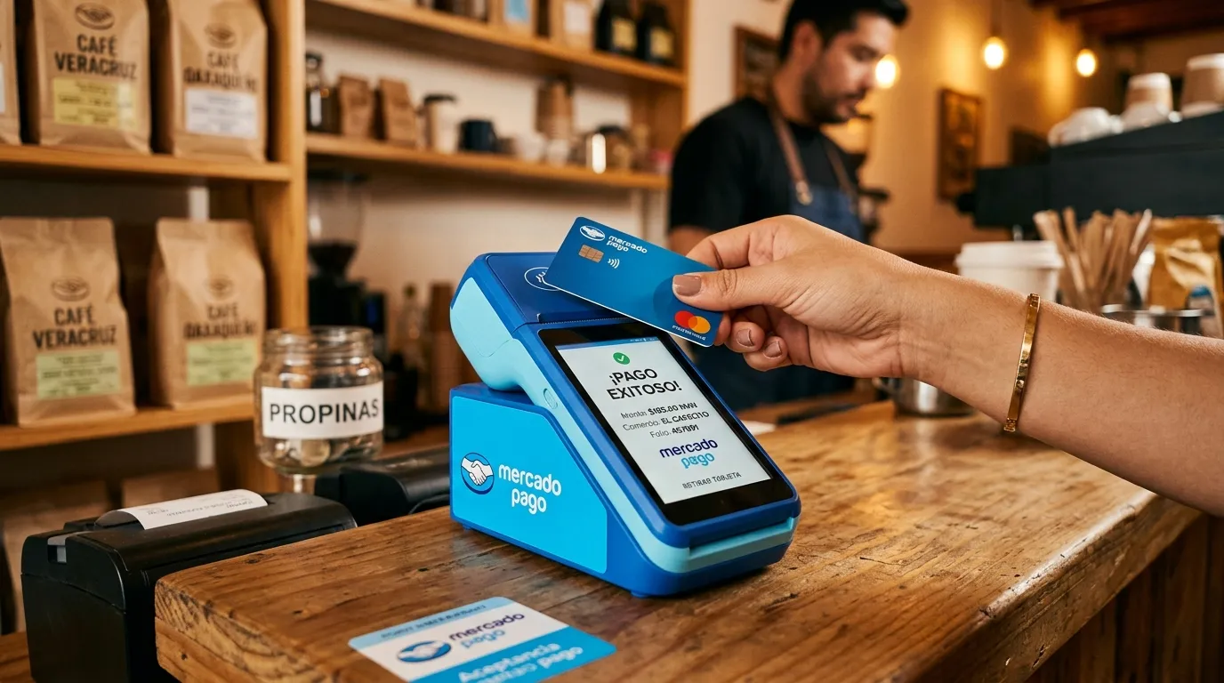 Terminal punto de venta para cobrar con tarjeta en un negocio.