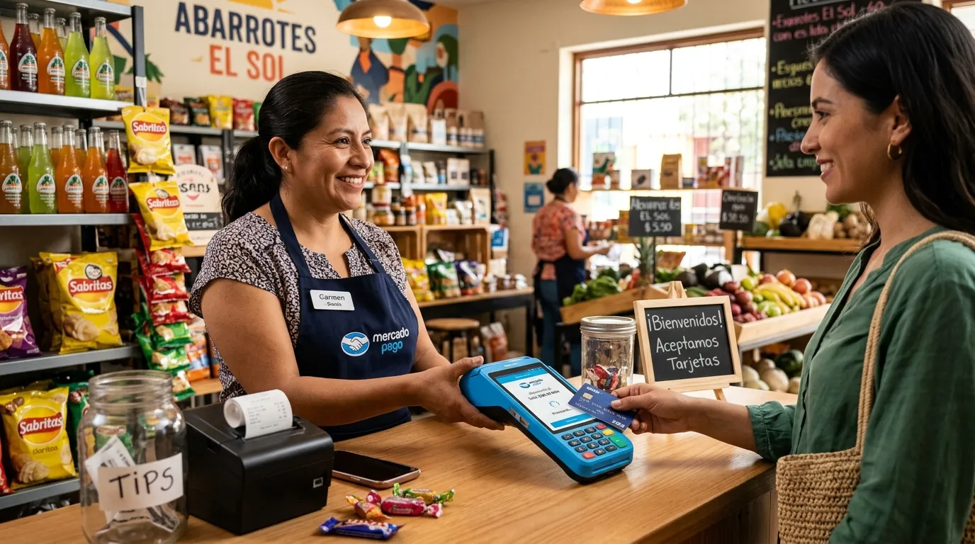  Terminal punto de venta utilizada por una persona comerciante para cobrar con tarjeta en un negocio en México