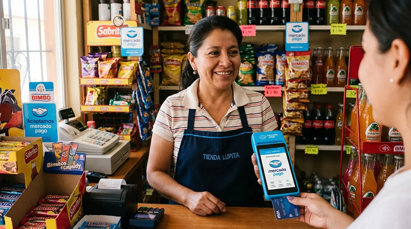 Mujer que usa una terminal para cobrar con tarjeta en un negocio mexicano