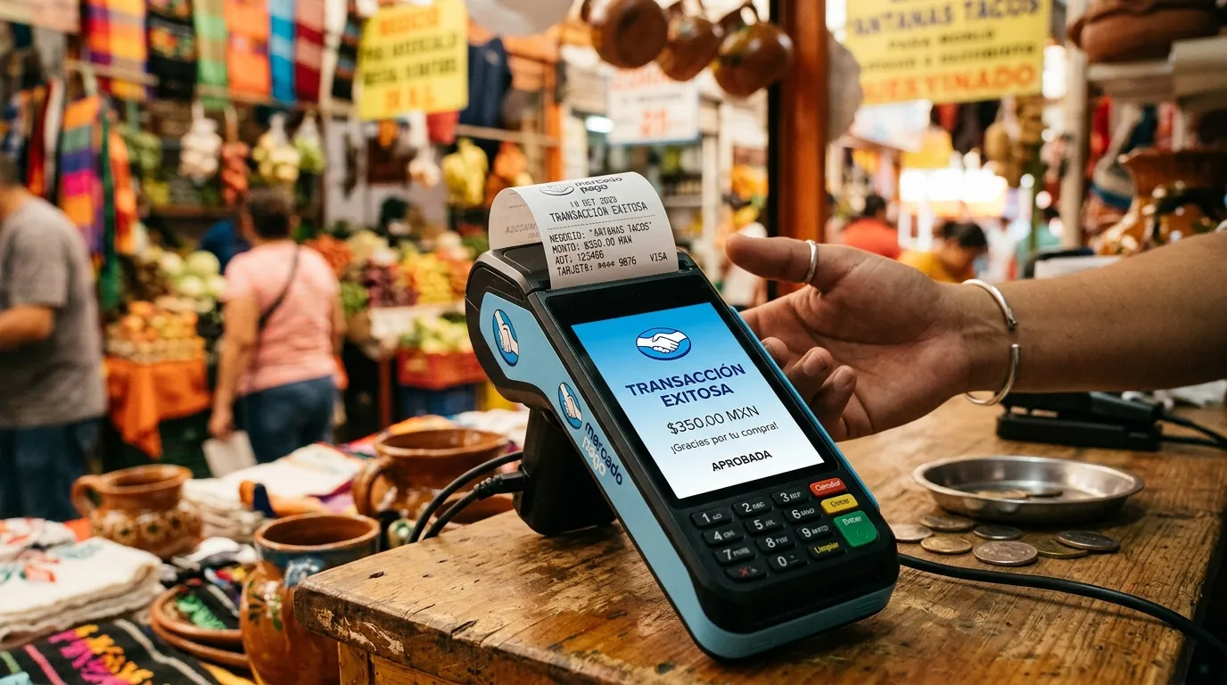 Persona revisando el ticket después de pagar con tarjeta en una terminal punto de venta en México.
