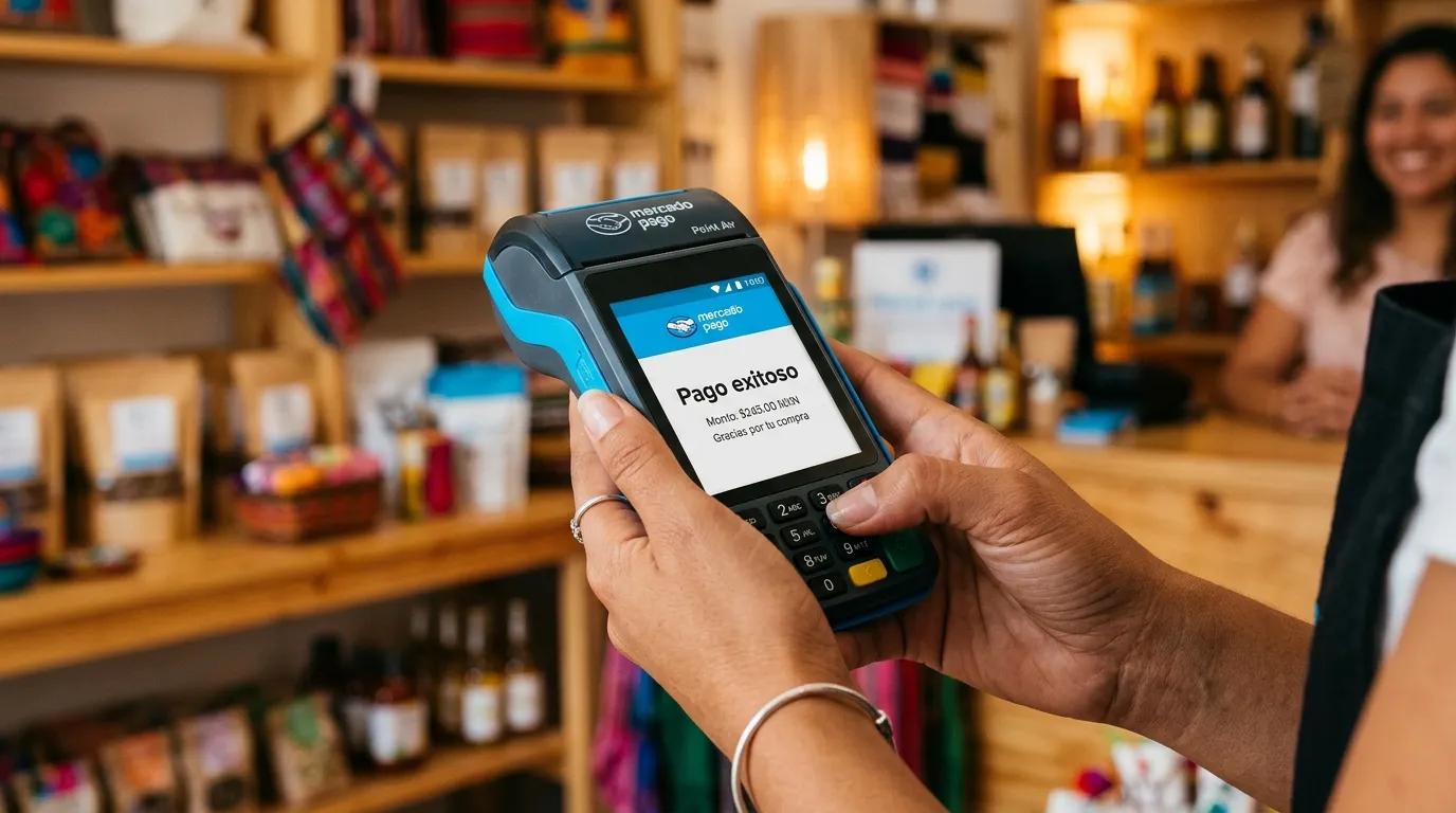 Persona emprendedora revisando ventas registradas en una terminal punto de venta dentro de un pequeño negocio en México.