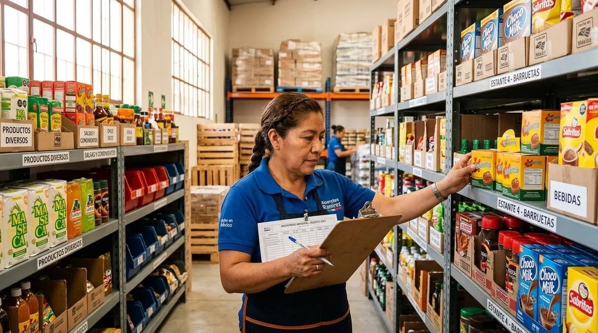 Persona realizando gestión de inventarios organizada en una góndola de un negocio mexicano