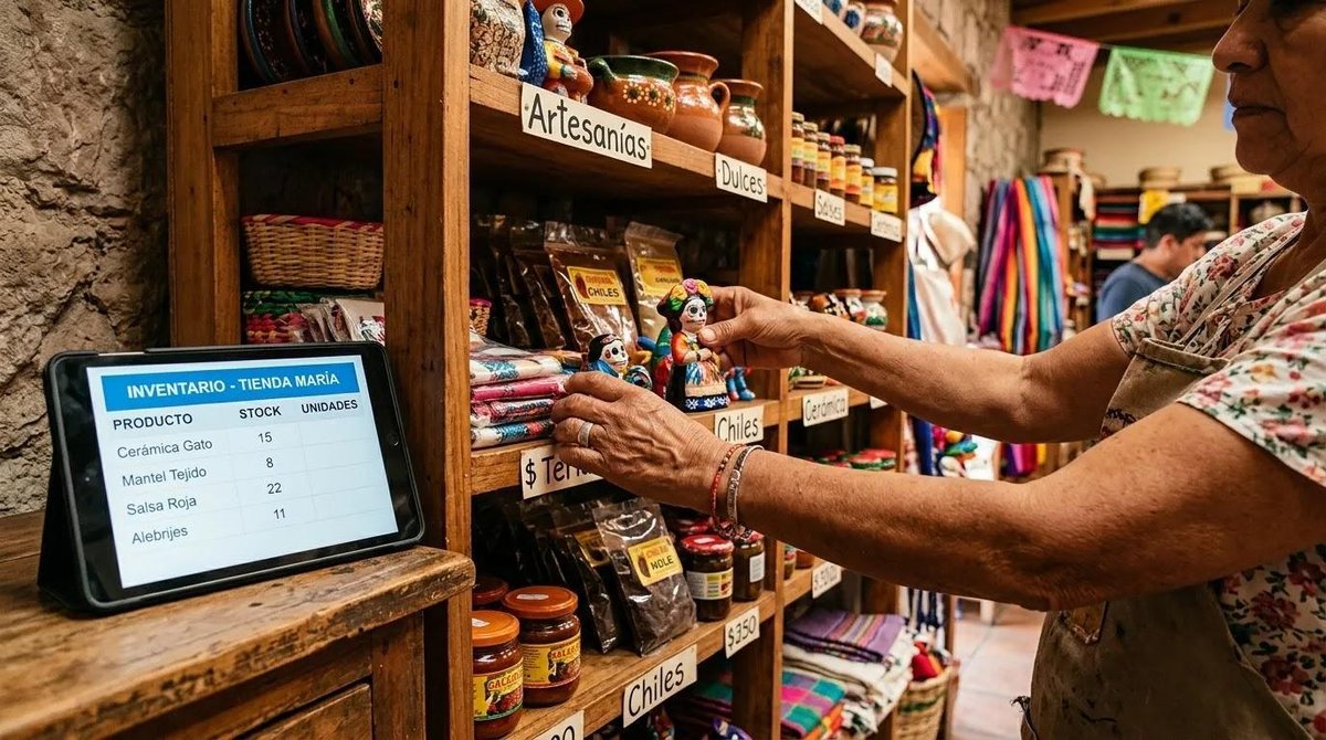 Persona realizando control de existencias en almacén de pequeños negocios