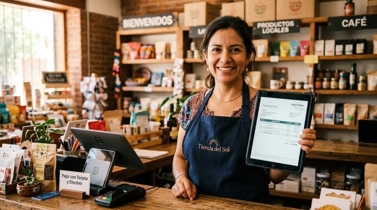 Persona dueña de una tienda mostrando una tablet con la facturación de una empresa
