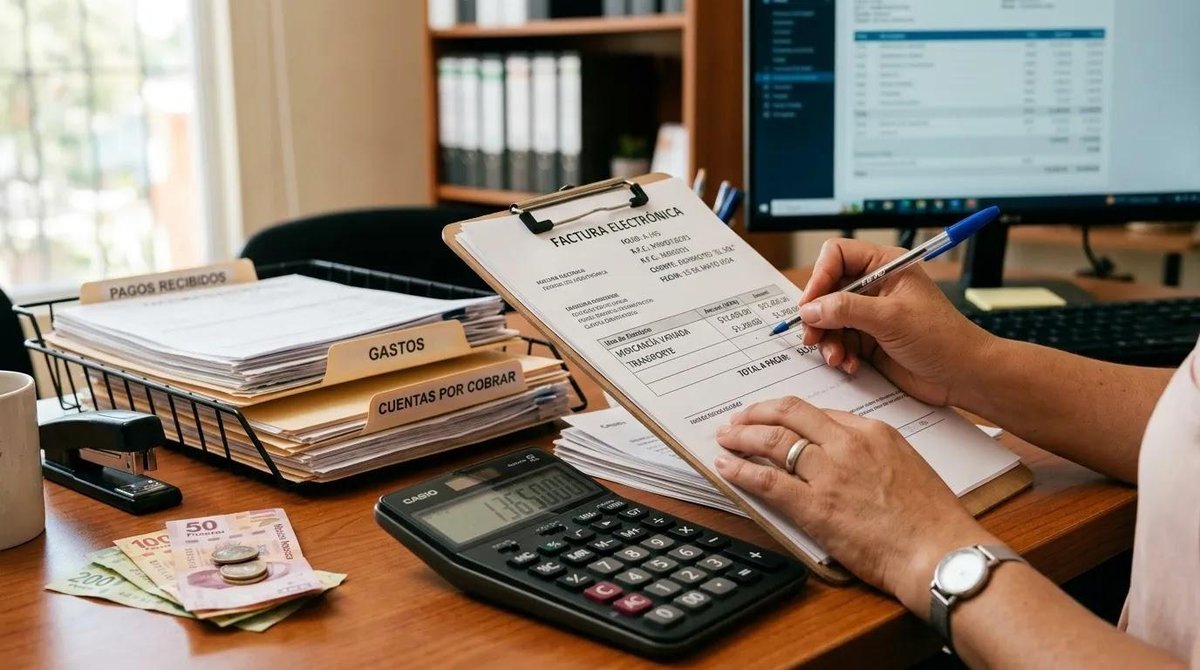 Persona revisando cuentas por cobrar en documentos de un negocio.